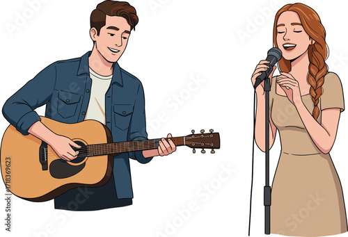 Man playing acoustic guitar, woman singing into microphone, music duet illustration, live concert performance, happy couple musicians, stage entertainment, singing practice