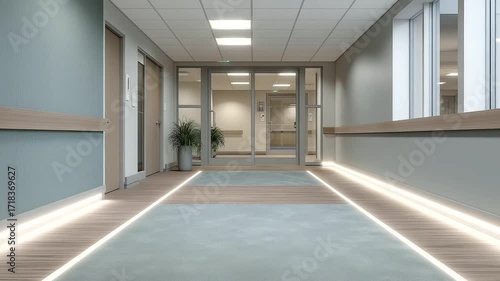 pediatric wing entrance with soft LED path lights guiding parents and children safety and accessibility detail three quarter wide angle cinematic color correction gentle