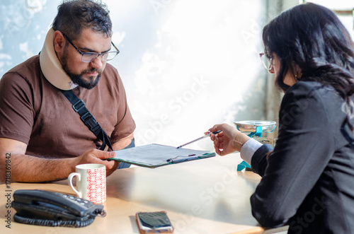 Young female lawyer assist a injured man with legal problem. Lawyer showing document. Compensation for work or car accident. Legal concept. Social Worker.