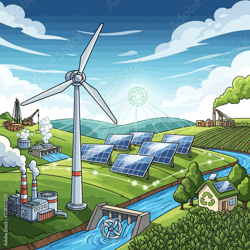 Promote clean energy with this illustration of wind turbines, solar panels, and hydroelectric dams powering a sustainable future, juxtaposed with traditional industry
