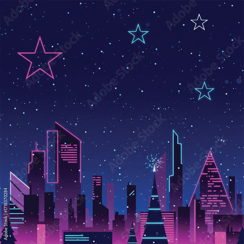 Neon cityscape with stars and snow