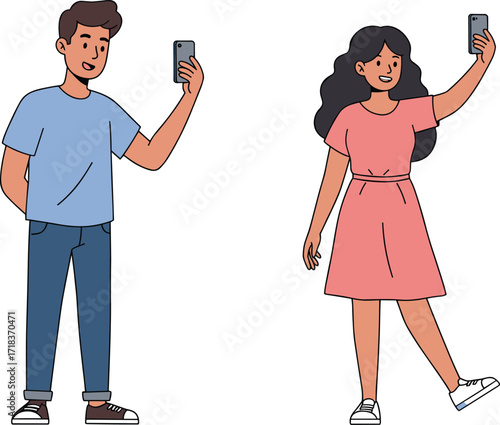 Man taking selfie, woman holding smartphone, people using phone camera, social media activity, mobile technology, digital lifestyle, online sharing, selfie pose