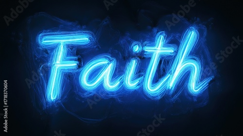 Illuminated Faith sign glows vibrantly against a backdrop of pure darkness, evoking introspection and a sense of wonder. Stock Image.