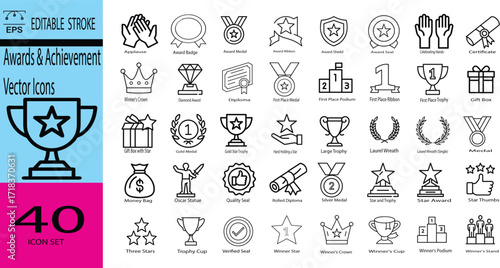 Awards & Achievement Modern Line Art Vector Icons Bundle with Trophy, Medal, Crown, Diploma, Star, and Quality Seal for Success and Recognition, Editable EPS Stroke Vector icon set 

