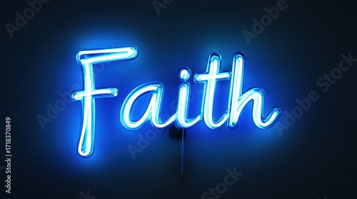 Illuminated Faith sign glows vibrantly against a backdrop of pure darkness, evoking introspection and a sense of wonder. Stock Image.