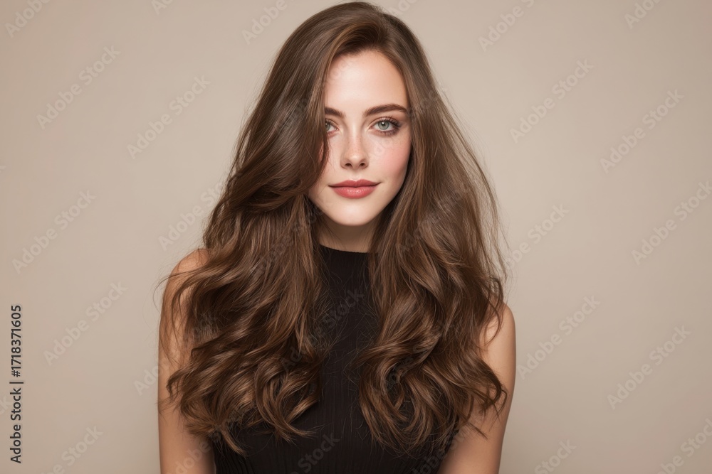 Naklejka premium Woman with long wavy brown hair wearing black sleeveless top posing against beige background.