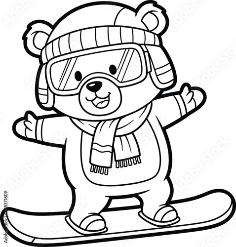 Cute cartoon bear character snowboarding with winter hat and scarf line art design silhouette