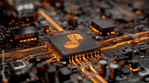 Audio technology concept featuring a glowing music symbol integrated with circuit design, representing digital sound, innovation, and electronic music connectivity.