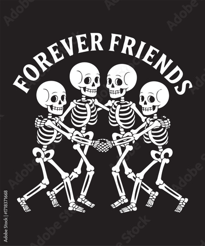 Forever Friends Skeleton Dance Circle – Playful Line Art Illustration