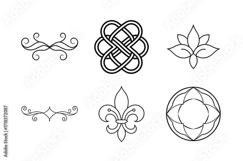 Elegant Vector Line Ornaments Set, Decorative Flourishes, Celtic Knot, Lotus, and Fleur de lis Designs