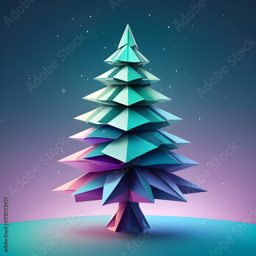 Geometric Aurora Christmas Tree: Turquoise to Violet Gradient Leaves Beneath Starry Cosmic Sky in Cinematic 4K 3D Art