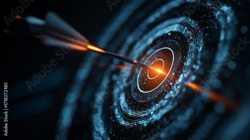 A glowing digital arrow strikes a neon orange  bullseye, symbolizing precision, technology, and futuristic accuracy on a sleek dark black background.
