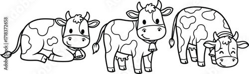 Charming hand drawn cows collection cute farm animals in various poses silhouette