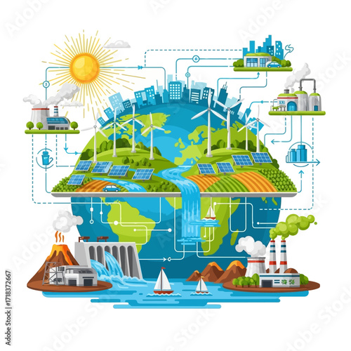 Sustainable energy powering our world with wind turbines, solar panels, and hydroelectric dams creating a vibrant future for cities and nature