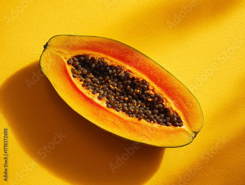 Bright orange papaya half showing seeds on a yellow background