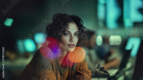 Wallpaper Mural A woman with dark hair thoughtfully posing against a blurred background with office lights and equipment. She's looking ahead, with soft focus effects, and is wearing a sweater Torontodigital.ca