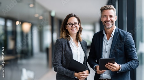 Business professionals smiling discussing digital tablet in modern office environment.
