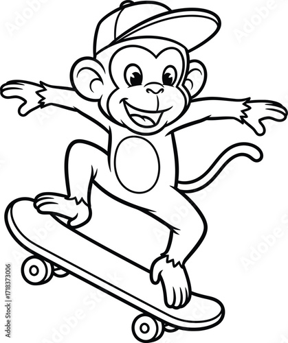 Fun cartoon monkey wearing a baseball cap skateboarder performing a trick silhouette