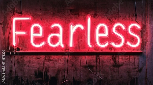 A neon sign lights the word Fearless, exuding confidence and bravery. It's a powerful visual statement, creating a striking contrast against a textured surface. Stock Image.