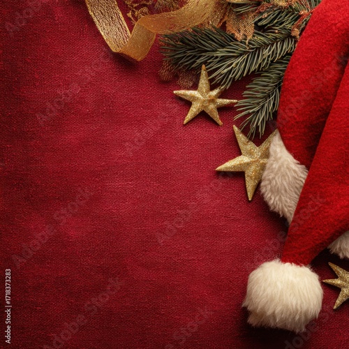 Festive Celebration: A Vibrant Arrangement of Stars, Greenery, and a Cozy Winter Hat Against a Bold Red Background