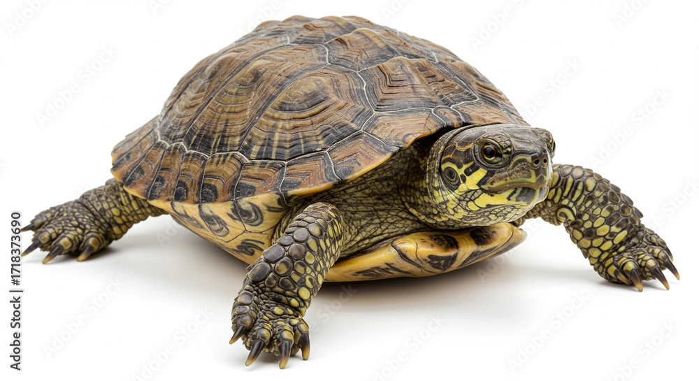 Obraz premium Striking Close-Up of a Chinese Stripe-Necked Turtle (Ocadia sinensis) showcasing intricate shell patterns and textures, isolated on a pristine white background. This high-resolution image is perfe...