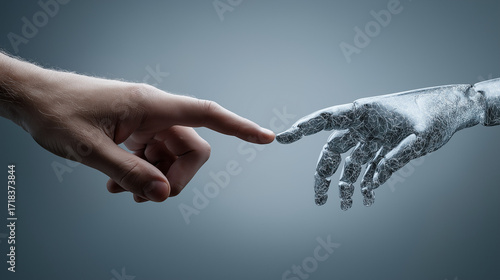 A human hand and robotic hand touch fingertips against a  gray background, symbolizing connection, technology, and human-robot interaction.