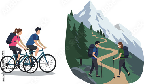 Outdoor activity illustration, cycling couple, hiking adventure, mountain trail, nature exploration, travel lifestyle, backpack gear, scenic view, healthy exercise, teamwork