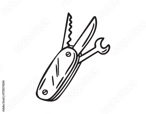 Multitool with various functions, hand drawn doodle, line art, monochrome, hand drawn