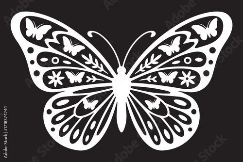 white ornamental butterfly vector with symmetrical floral wings on black background decorative filigree design