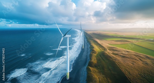 Aerial view of towering wind turbines along the Dutch North Sea coastline at sunset