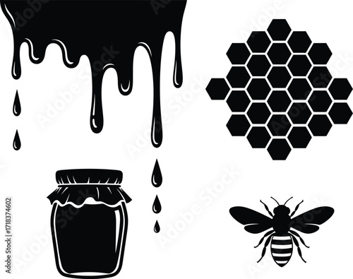 Dripping honeycomb and bee silhouette icon set for apiary and sweet product branding silhouette