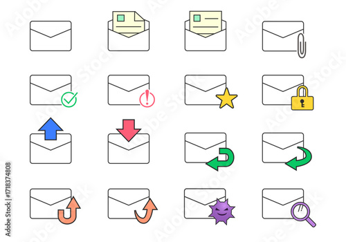 メール、返信、転送などメッセージのやり取りのイラストセット