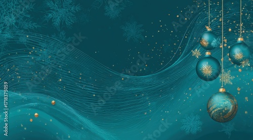 Elegant Turquoise Christmas Background with Glittering Ornaments and Snowflakes Enhancing the Festive Spirit of Winter Celebrations