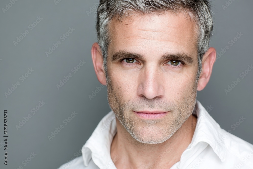 Obraz premium Close-up portrait of mature man with confident expression and stylish gray hair.