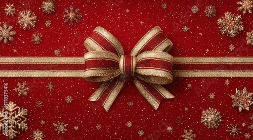 A Beautifully Designed Red Christmas Present Wrapped with a Decorative Gold Bow and Snowflake Accents for the Holiday Season