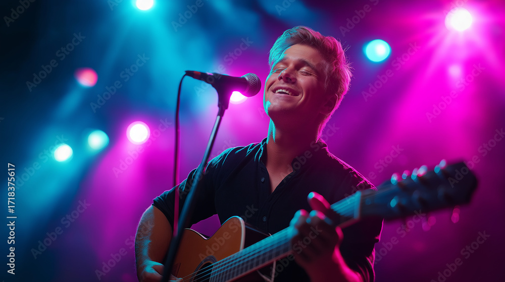 Obraz premium Handsome country singer playing guitar and singing passionately under neon lights at a music festival, young country musician, festival stage performance, cinematic neon spotlights