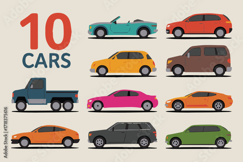10 car illustrations flat vector set includes sports car suv pickup sedan convertible hatchback illustrations