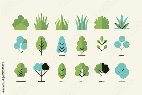 collection of vector shrubs grasses and trees in simplified geometric style for botanical and landscape projects