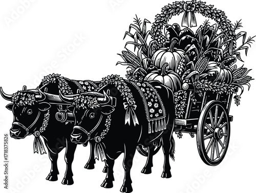 Vintage horse drawn wagon laden with harvest produce and floral decorations silhouette