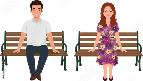 Park bench illustration, seated couple, casual posture, outdoor lifestyle, relaxation moment, flat design, social setting, peaceful vibe, everyday scene, leisure activity