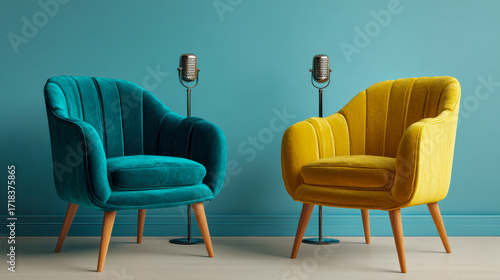Two modern colorful armchairs with vintage microphones in a cozy setting against a turquoise wall symbolizing an engaging conversation or interview space