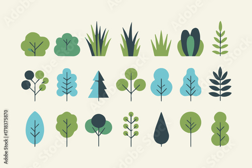 botanical vector pack featuring stylized trees bushes grass and foliage elements for garden and park design
