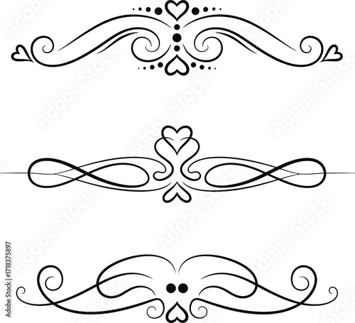 Ornate decorative swirls and flourishes with hearts for elegant design elements silhouette