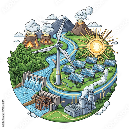 Vibrant illustration showcasing sustainable energy sources like wind power, solar panels, and geothermal for a cleaner, greener, and brighter future