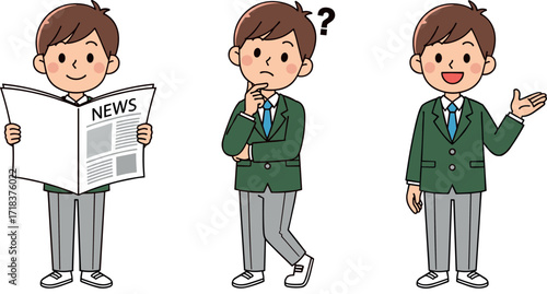 Cartoon business character reading news, thinking with question mark, presenting with hand gesture, office attire, decision making, communication concept