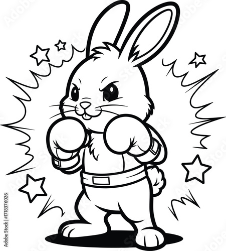 Cartoon boxing rabbit ready for a fight with stars and action lines silhouette