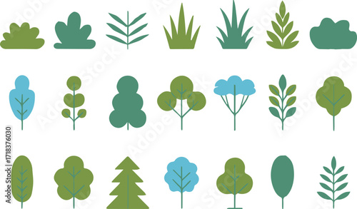 nature themed vector collection including geometric trees bushes grass and leaves for landscape background design
