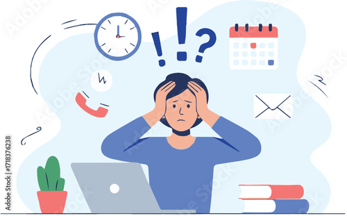 stress and overload in office work vector with clock calendar email phone and books icons for deadline pressure