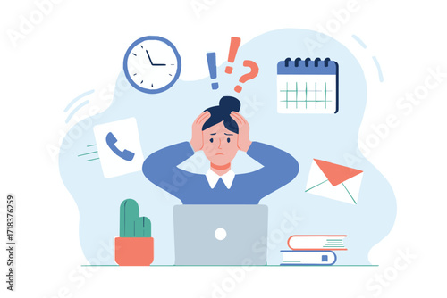 multitasking business concept with stressed employee at desk laptop calendar clock email vector illustration