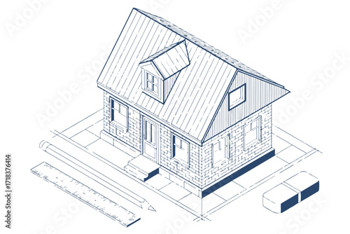 detailed isometric house vector illustration with gable roof dormer window brick facade technical drawing construction